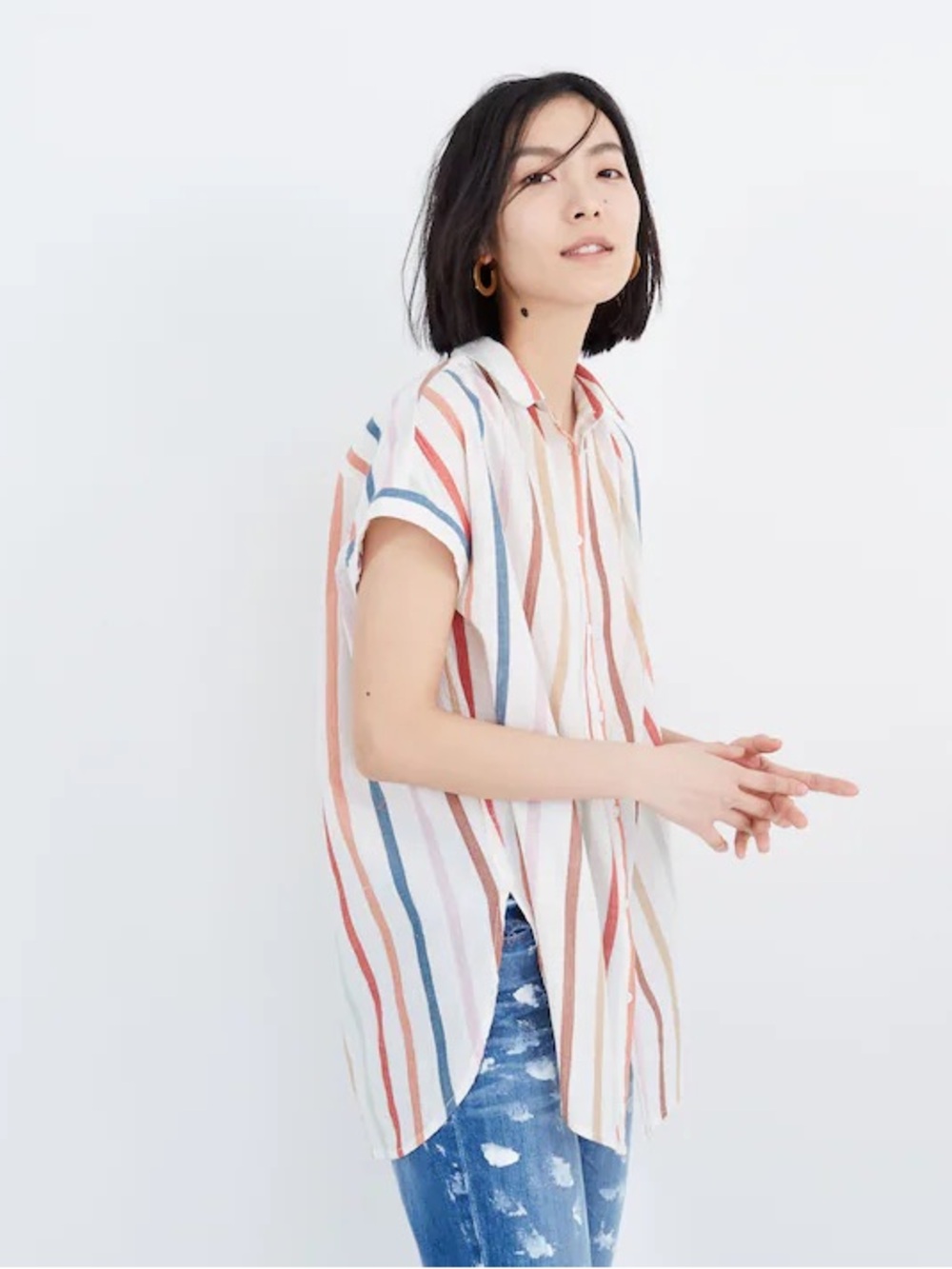 Madewell Gauze Central Tunic Shirt in Rainbow Stripe Crinkled Cotton